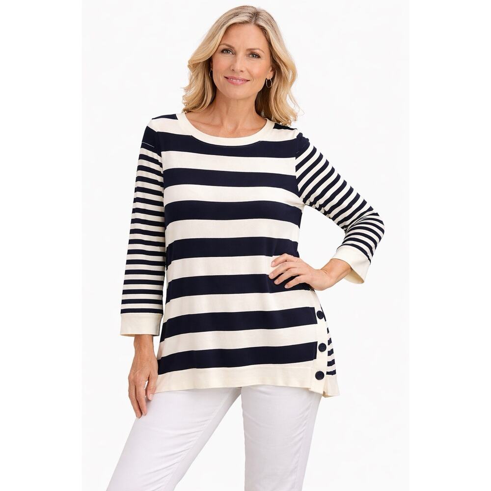 J Jill XL Tunic Top Navy Ivory Stripe Organic Cotton 3/4 Sleeve Buttons Nautical